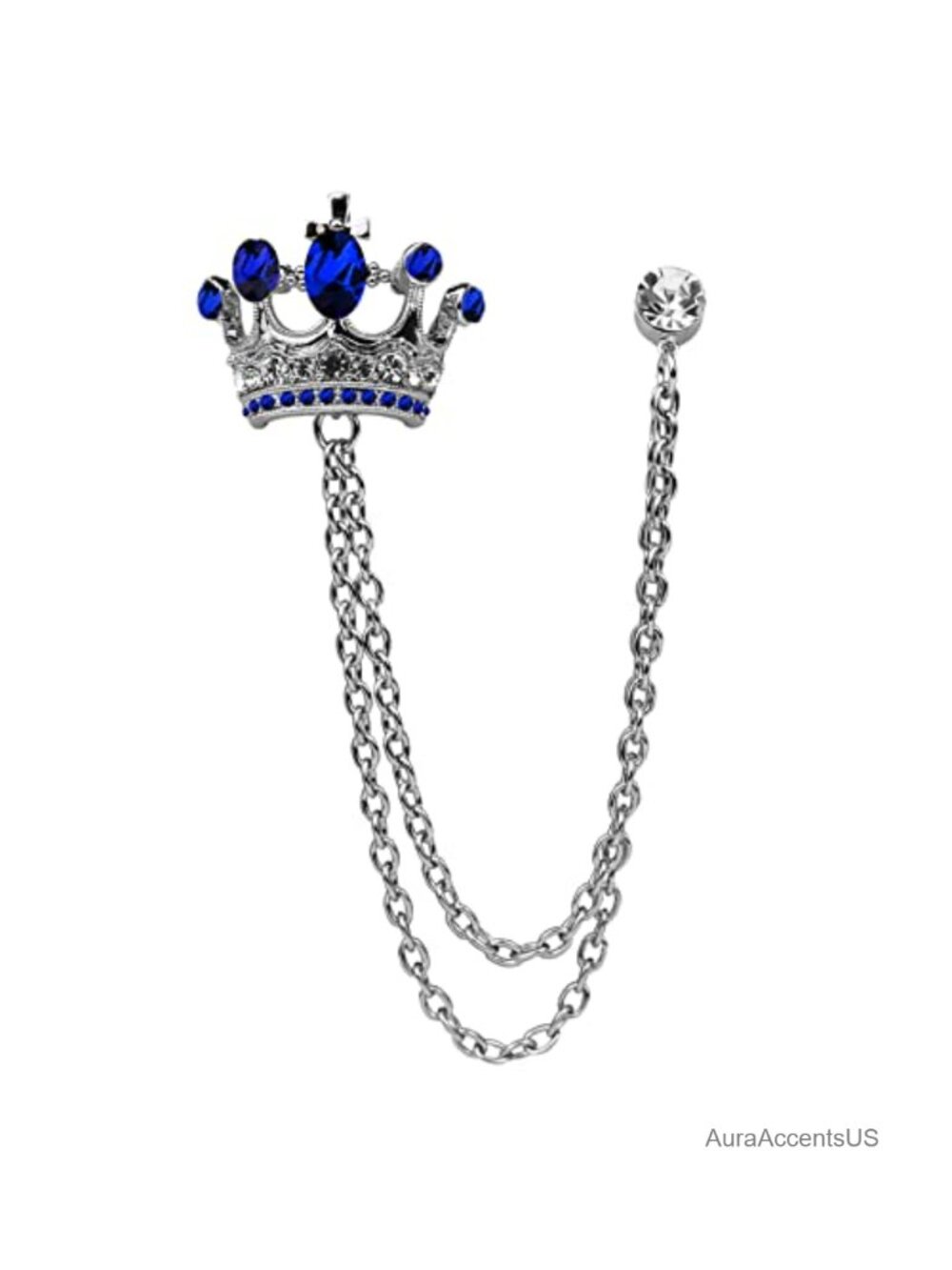 Crystal Crown Chain Brooch Suit Pin Vintage Gold Silver Lapel Pin Accessory